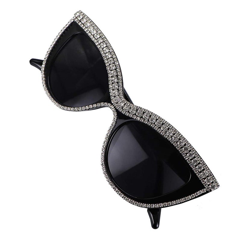 FUPRECIOUS Cat Eye النظارات الشمسية بإطار من البلاستيك الأسود والكريستال بأحجار الراين - Image 5